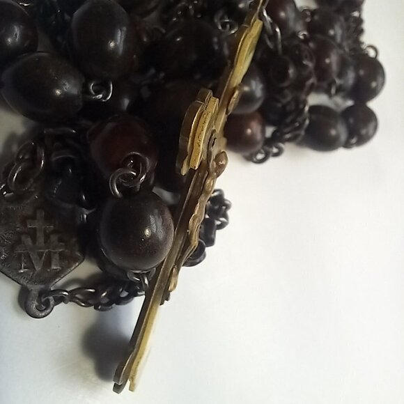 Vintage Rosary St Mary Steel Bakelite Brass Hardwood Large & Substantial - Picture 6 of 15